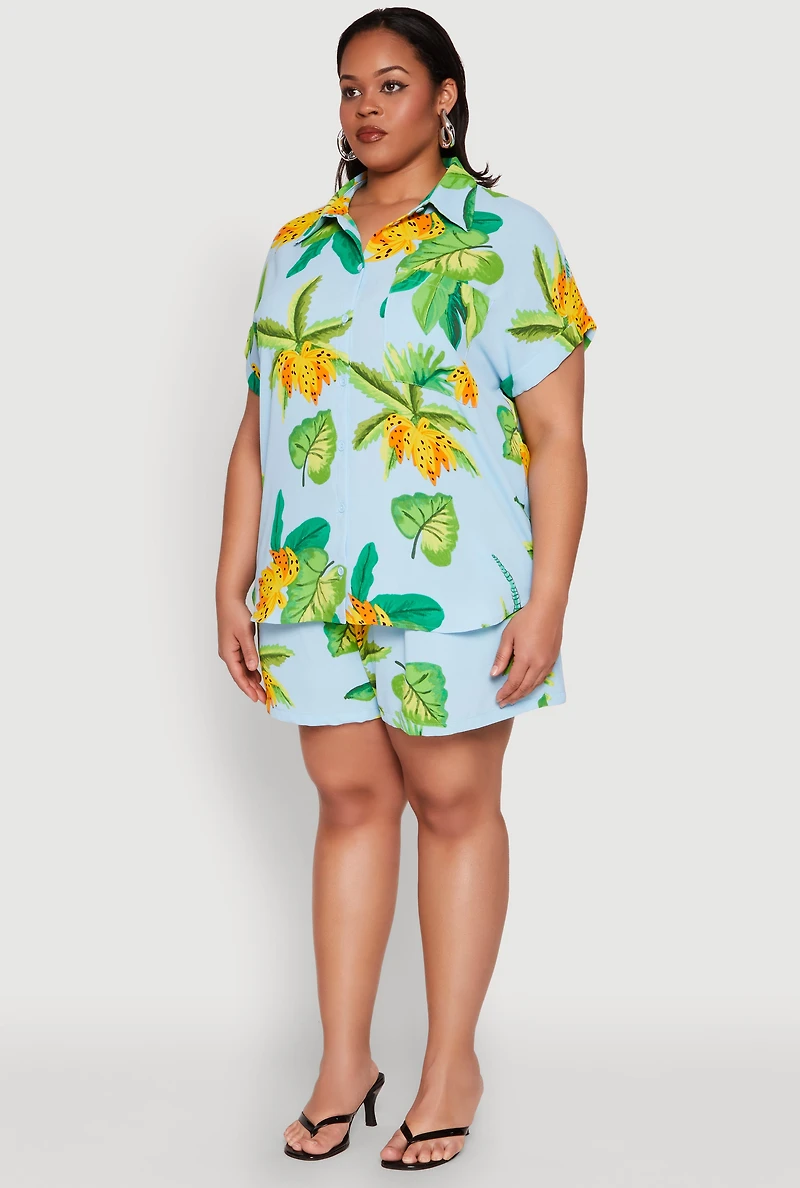 Womens Plus Size Banana Tropical Print Shirt, Multi, Size 1X