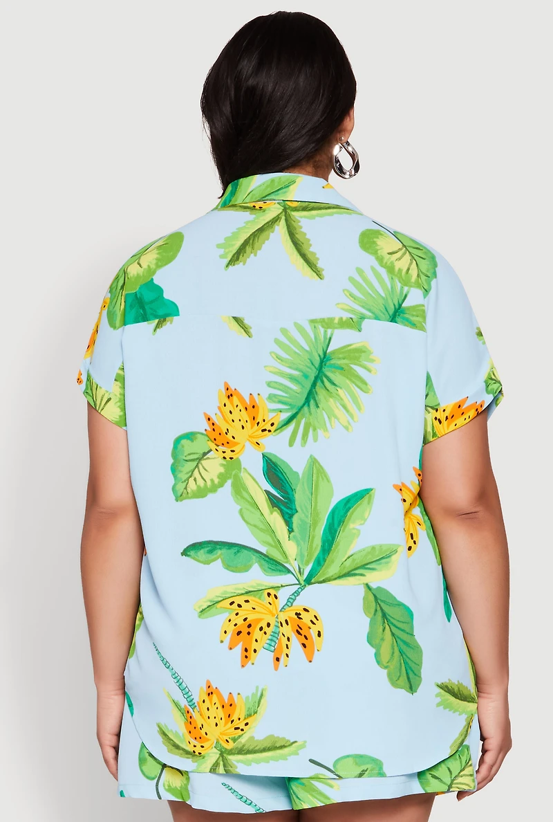 Womens Plus Size Banana Tropical Print Shirt, Multi, Size 1X