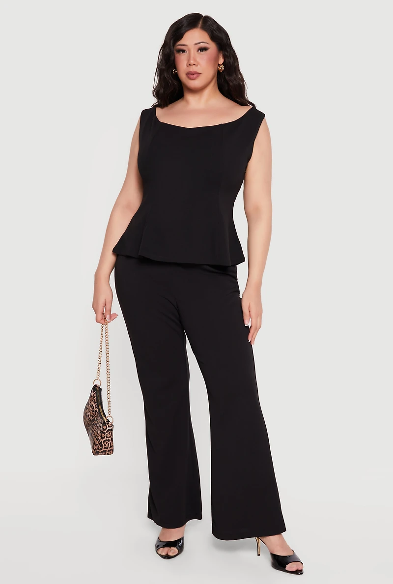 Plus High Waisted Flare Leg Crepe Knit Dress Pants