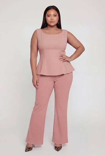 Plus High Waisted Flare Leg Crepe Knit Dress Pants