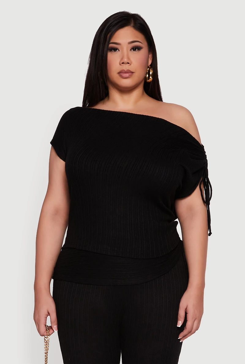 Plus Brushed Knit One Shoulder Ruched Drawstring Top