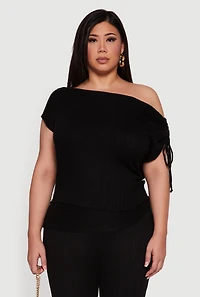 Plus Brushed Knit One Shoulder Ruched Drawstring Top