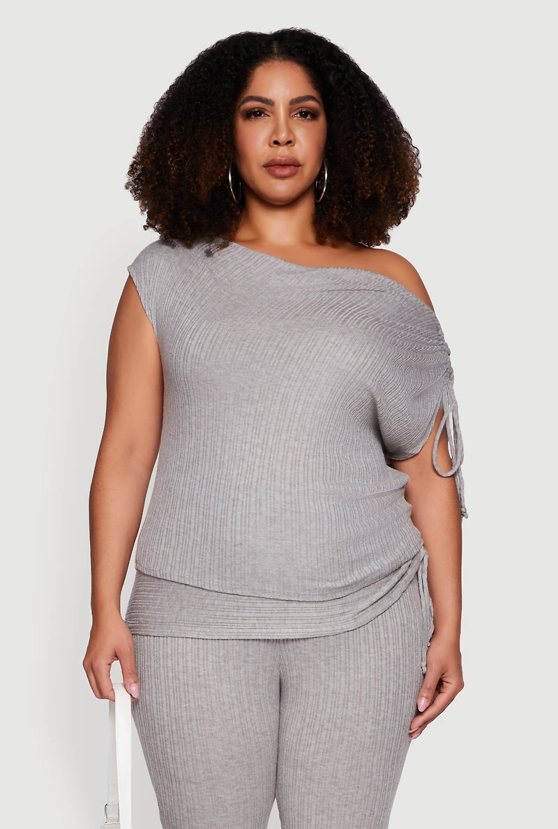 Plus Brushed Knit One Shoulder Ruched Drawstring Top