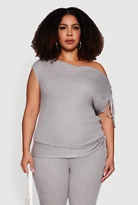 Plus Brushed Knit One Shoulder Ruched Drawstring Top