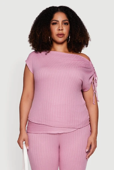 Plus Brushed Knit One Shoulder Ruched Drawstring Top