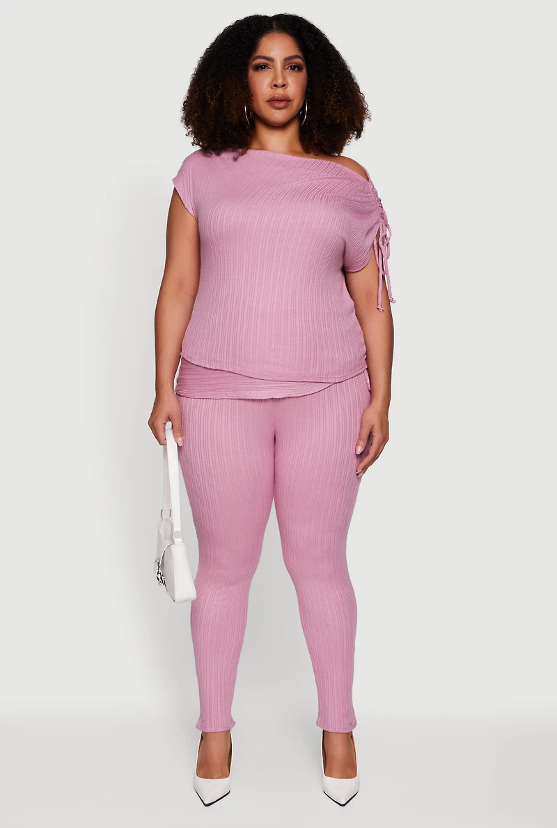 Plus Brushed Knit One Shoulder Ruched Drawstring Top