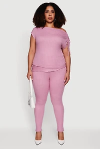 Plus Brushed Knit One Shoulder Ruched Drawstring Top