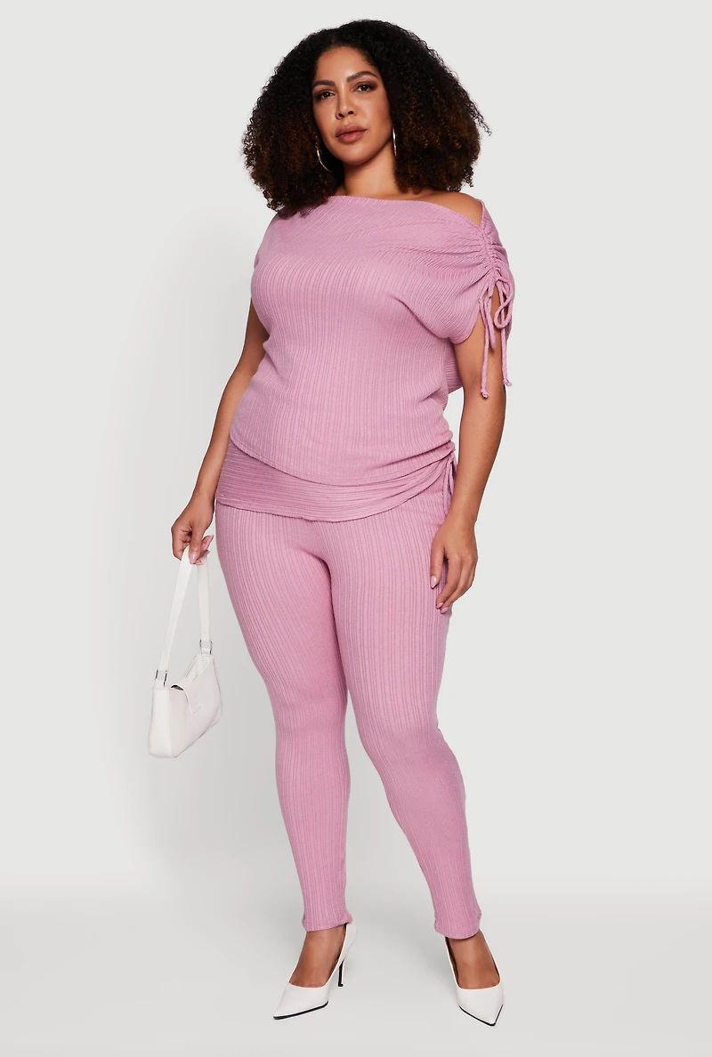 Plus Brushed Knit One Shoulder Ruched Drawstring Top