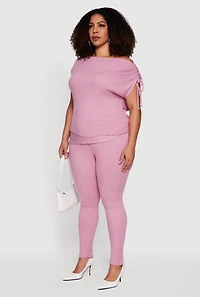 Plus Brushed Knit One Shoulder Ruched Drawstring Top