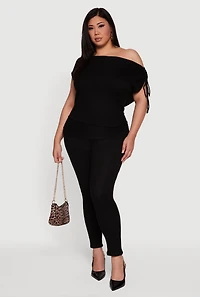 Plus Brushed Knit Fold Over Ruched Drawstring Side Pants
