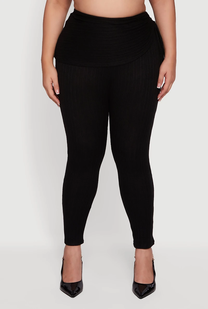 Womens Plus Brushed Knit Fold Over Ruched Drawstring Side Pants,