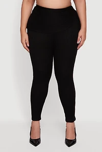 Womens Plus Brushed Knit Fold Over Ruched Drawstring Side Pants,