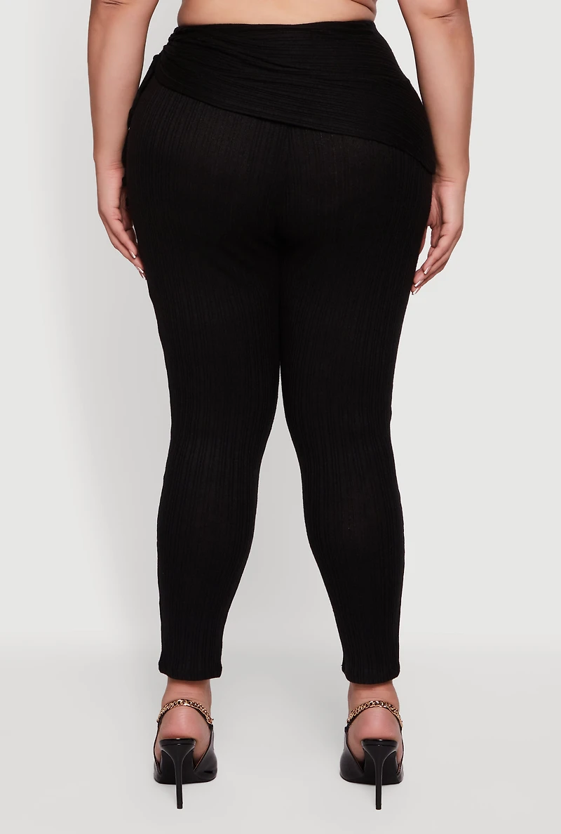 Womens Plus Brushed Knit Fold Over Ruched Drawstring Side Pants,