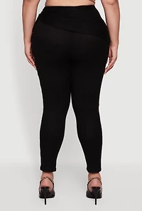 Womens Plus Brushed Knit Fold Over Ruched Drawstring Side Pants,