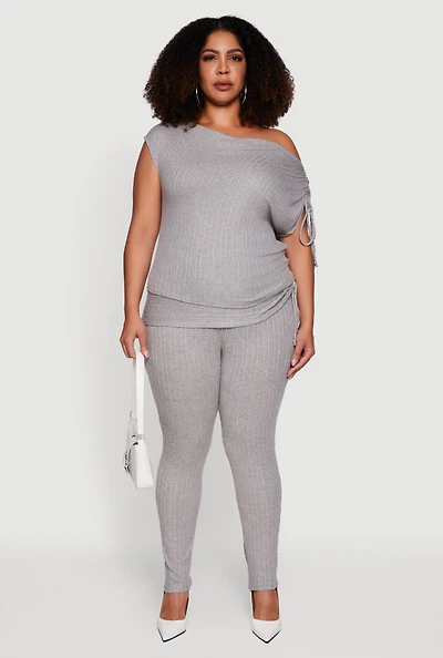 Womens Plus Size Brushed Knit Fold Over Ruched Drawstring Side Pants, Grey, Size 1X