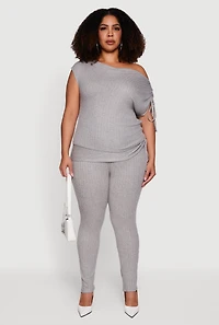 Plus Brushed Knit Fold Over Ruched Drawstring Side Pants