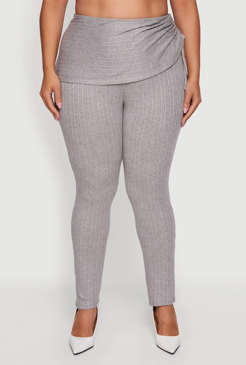 Plus Brushed Knit Fold Over Ruched Drawstring Side Pants