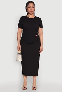 Womens Plus Size Textured Knit Midi Skirt, Black, Size 2X