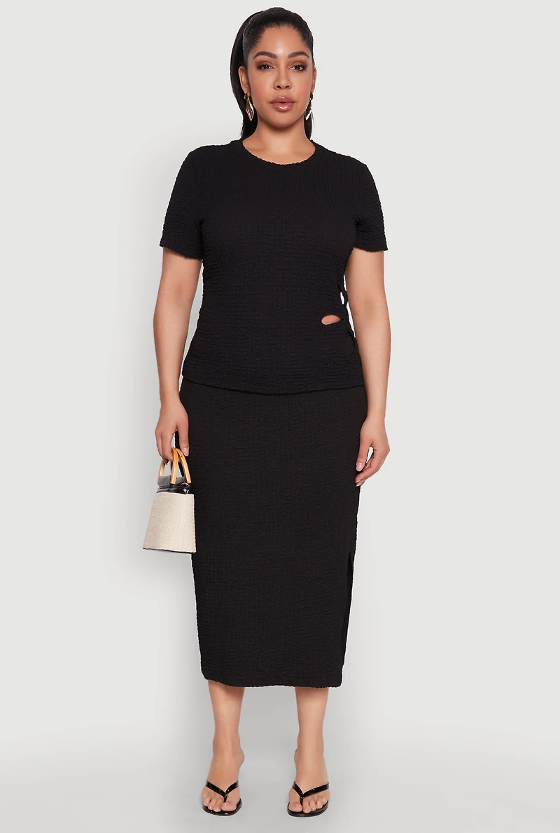 Womens Plus Size Textured Knit Midi Skirt, Black, Size 2X