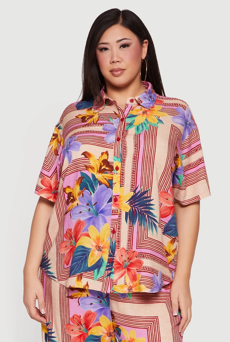 Plus Printed Button Front Floral Camp Shirt