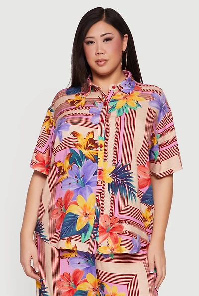 Plus Printed Button Front Floral Camp Shirt