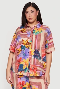 Plus Printed Button Front Floral Camp Shirt