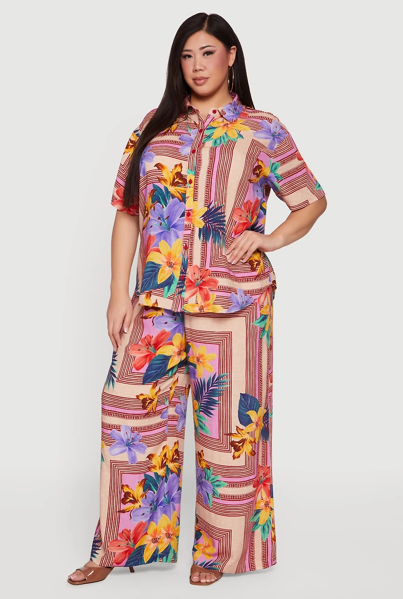 Plus Printed Button Front Floral Camp Shirt