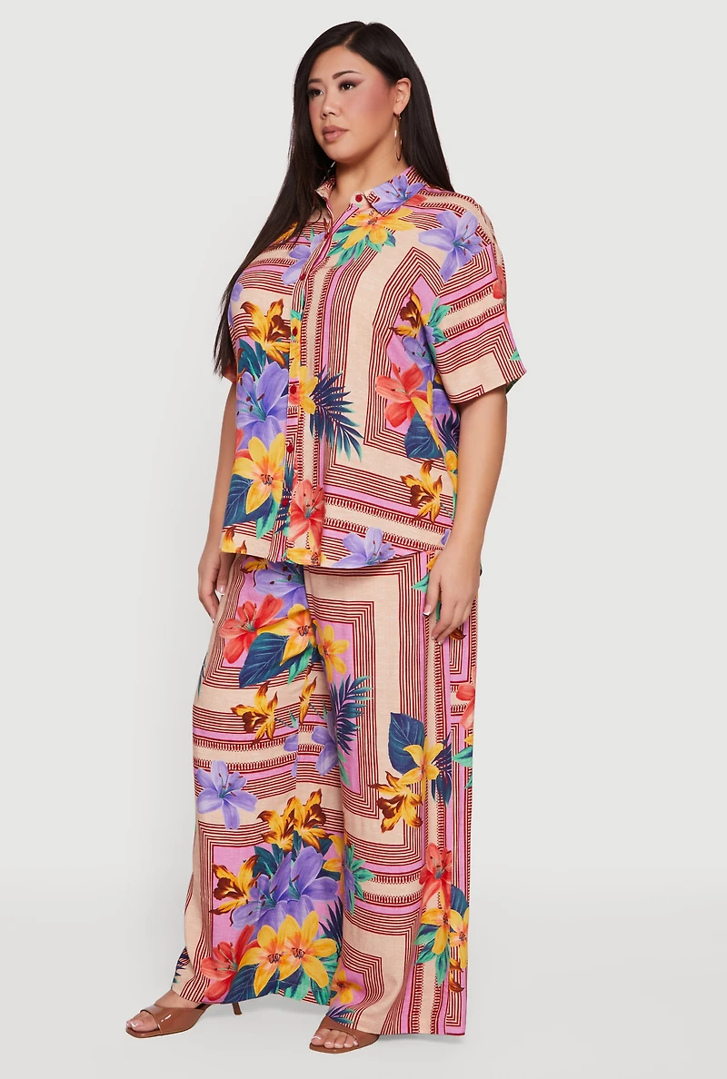 Plus Printed Button Front Floral Camp Shirt