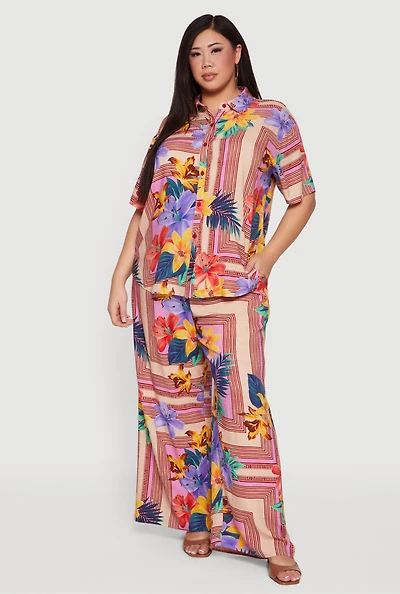 Plus High Waisted Floral Print Wide Leg Casual Pants
