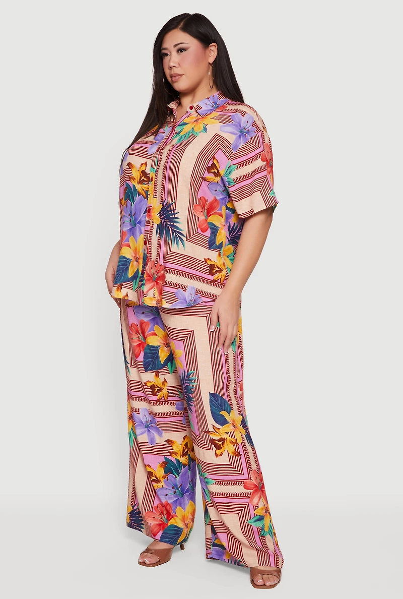 Plus High Waisted Floral Print Wide Leg Casual Pants