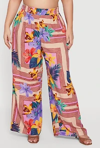 Plus High Waisted Floral Print Wide Leg Casual Pants
