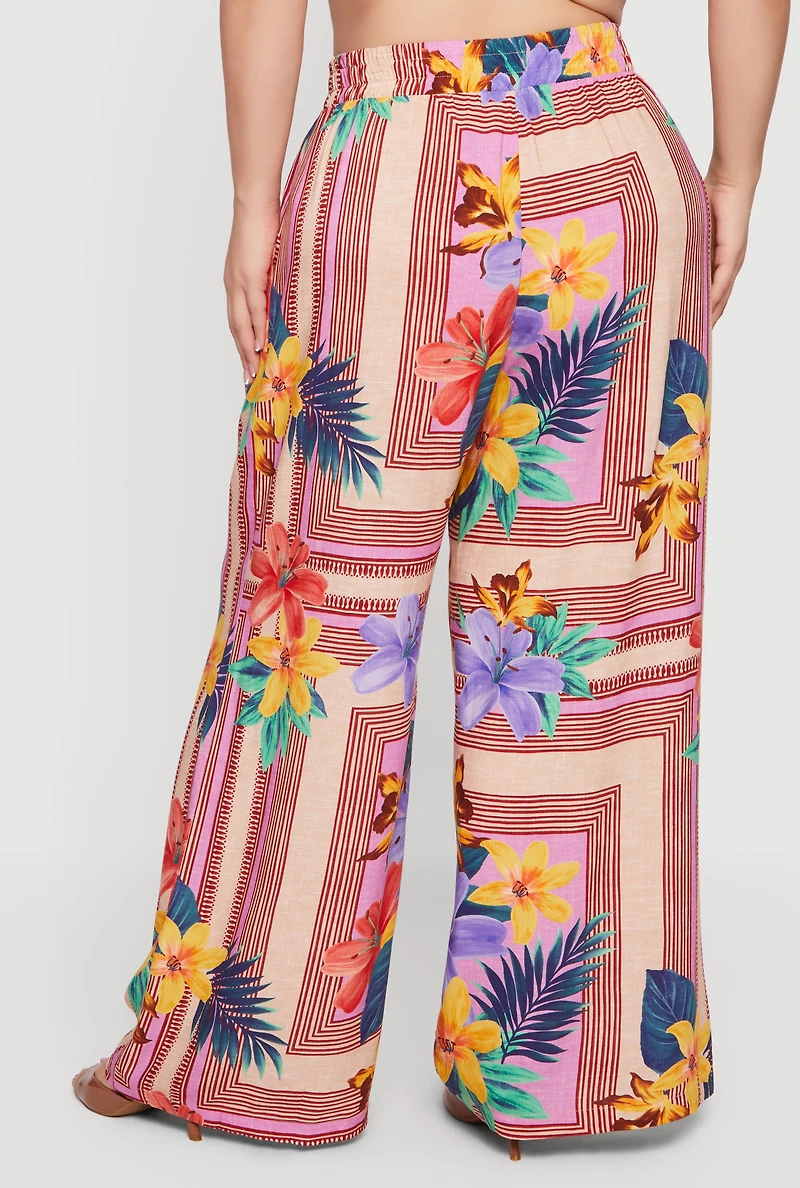 Plus High Waisted Floral Print Wide Leg Casual Pants