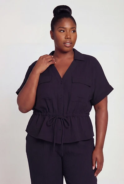 Plus Gauze Knit Tie Waist Buttont Front Shirt
