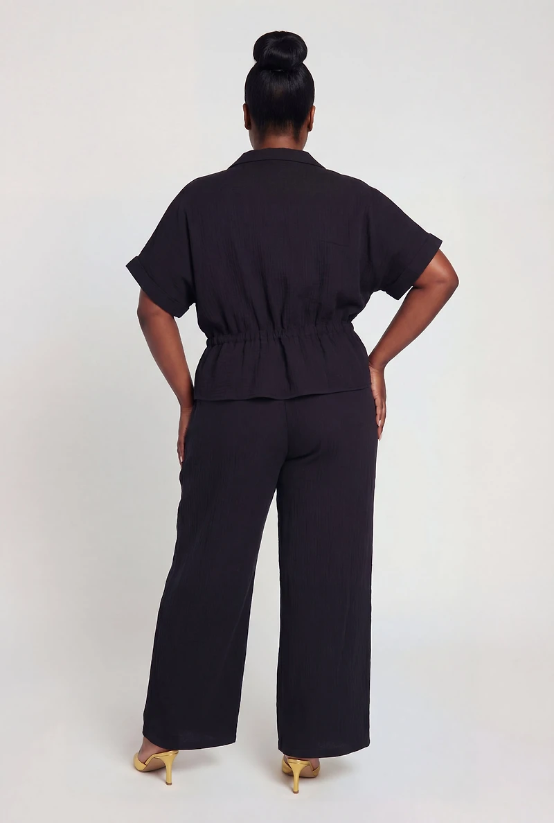 Plus Gauze Knit Tie Waist Button Front Shirt