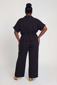 Plus Gauze Knit Tie Waist Button Front Shirt
