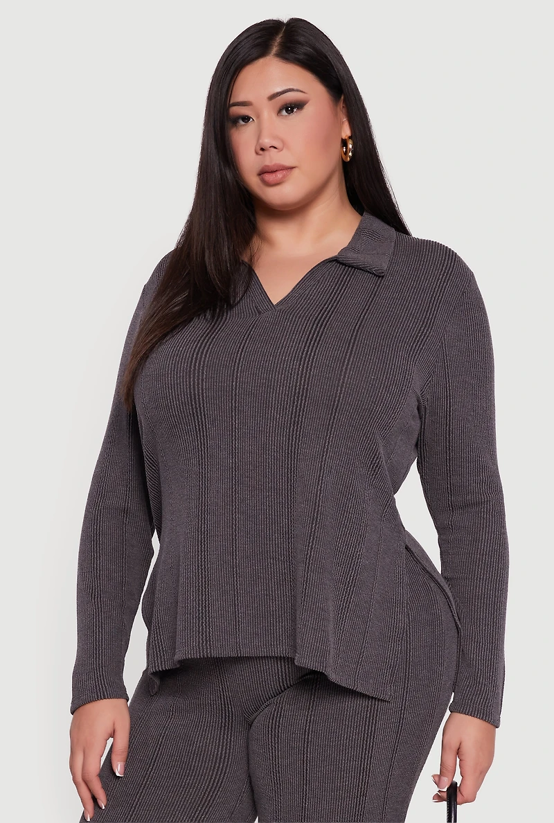 Womens Plus Ribbed Knit Shadow Stripe Side Slit Top, Grey,