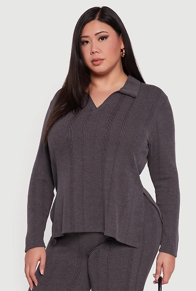 Womens Plus Ribbed Knit Shadow Stripe Side Slit Top, Grey,