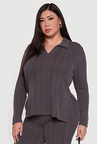 Womens Plus Ribbed Knit Shadow Stripe Side Slit Top, Grey,