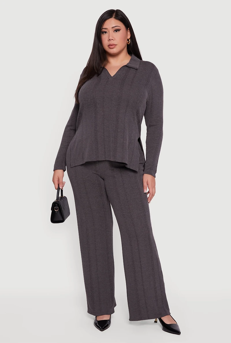 Womens Plus Ribbed Knit Shadow Stripe Side Slit Top, Grey,