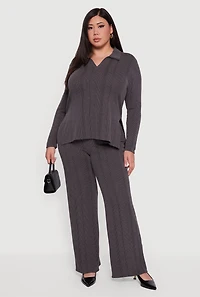 Womens Plus Ribbed Knit Shadow Stripe Side Slit Top, Grey,