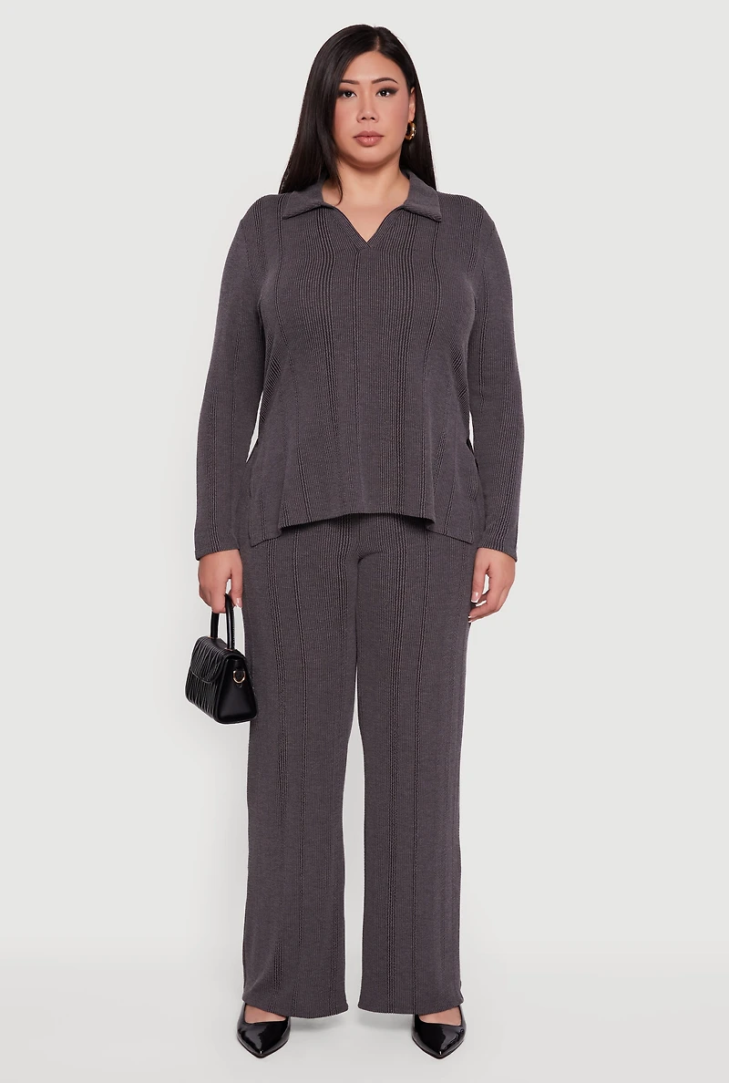 Womens Plus Ribbed Knit Shadow Stripe Side Slit Top, Grey,