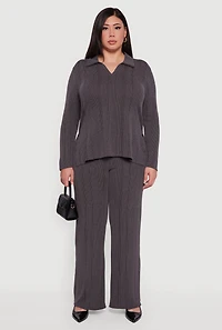 Womens Plus Ribbed Knit Shadow Stripe Side Slit Top, Grey,