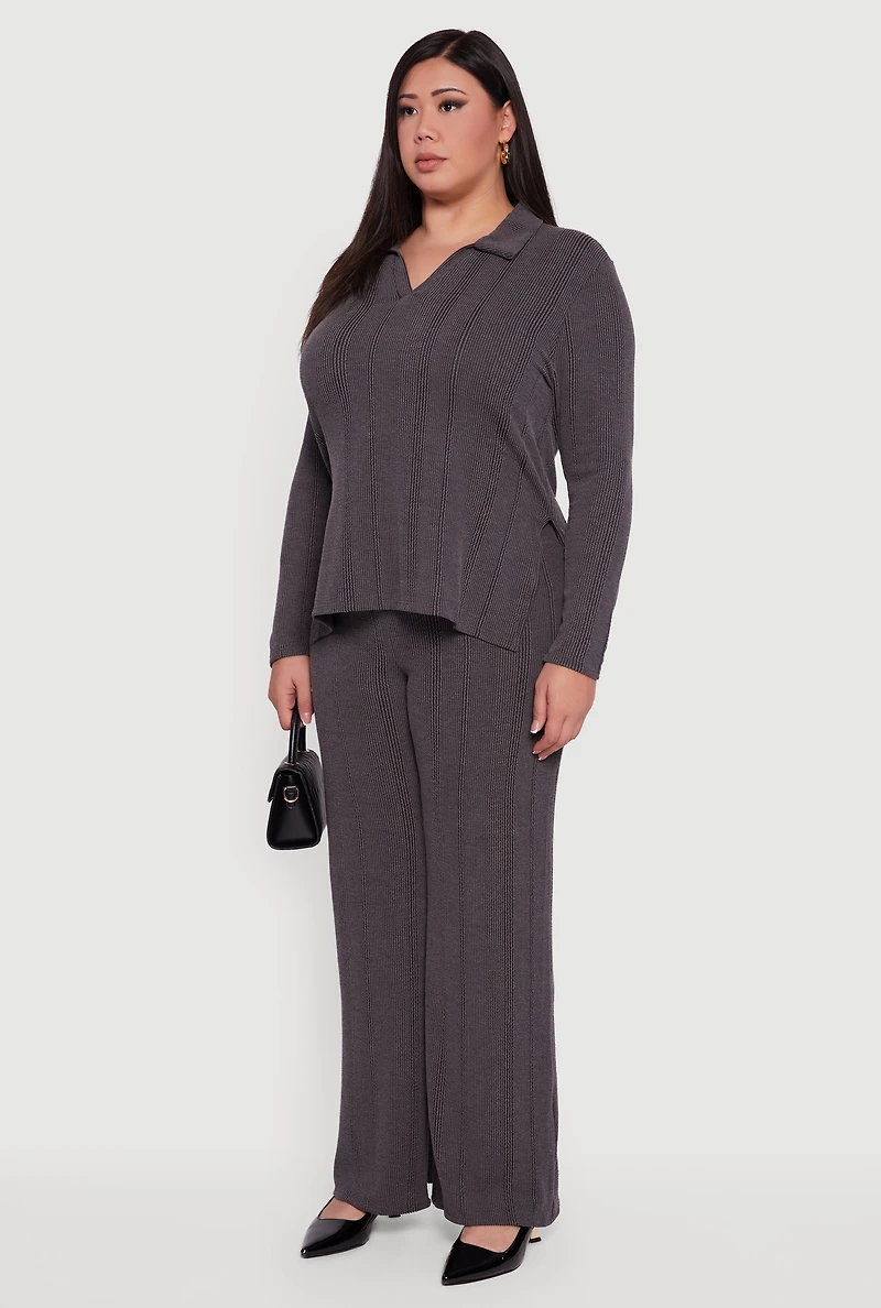 Womens Plus Ribbed Knit Shadow Stripe Side Slit Top, Grey,