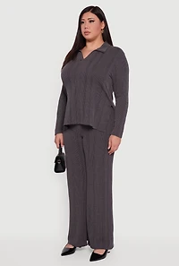 Womens Plus Ribbed Knit Shadow Stripe Side Slit Top, Grey,