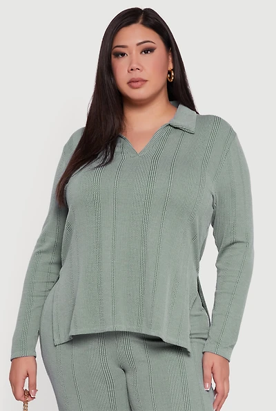 Womens Plus Ribbed Knit Shadow Stripe Side Slit Top,