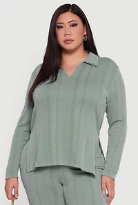 Plus Ribbed Knit Shadow Stripe Side Slit Top
