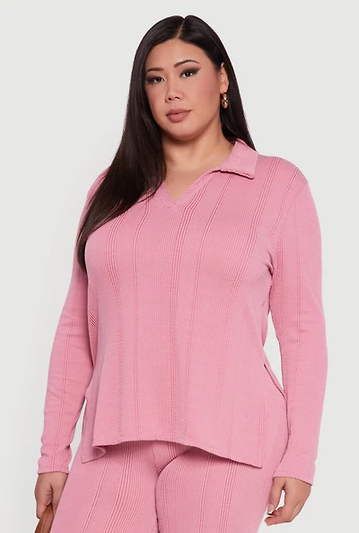 Plus Ribbed Knit Shadow Stripe Side Slit Top