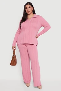 Womens Plus Size Ribbed Knit Shadow Stripe Side Slit Top, Pink, Size 1X
