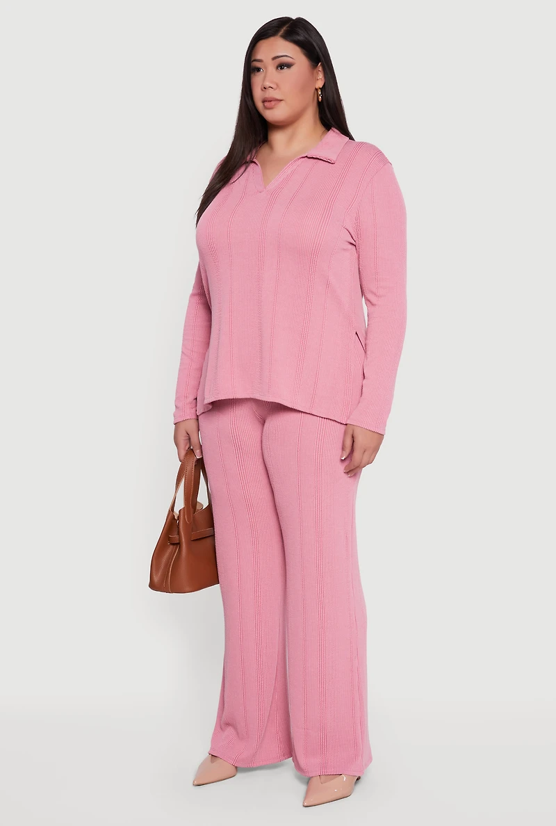 Womens Plus Size Ribbed Knit Shadow Stripe Side Slit Top, Pink, Size 1X