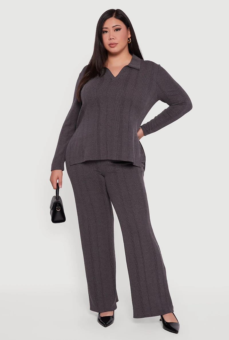 Plus High Waisted Ribbed Knit Casual Pants